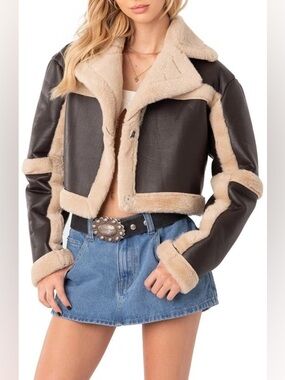 EDIKTED Ricky Faux Shearling Jacket In Brown NWT nordstrom cropped